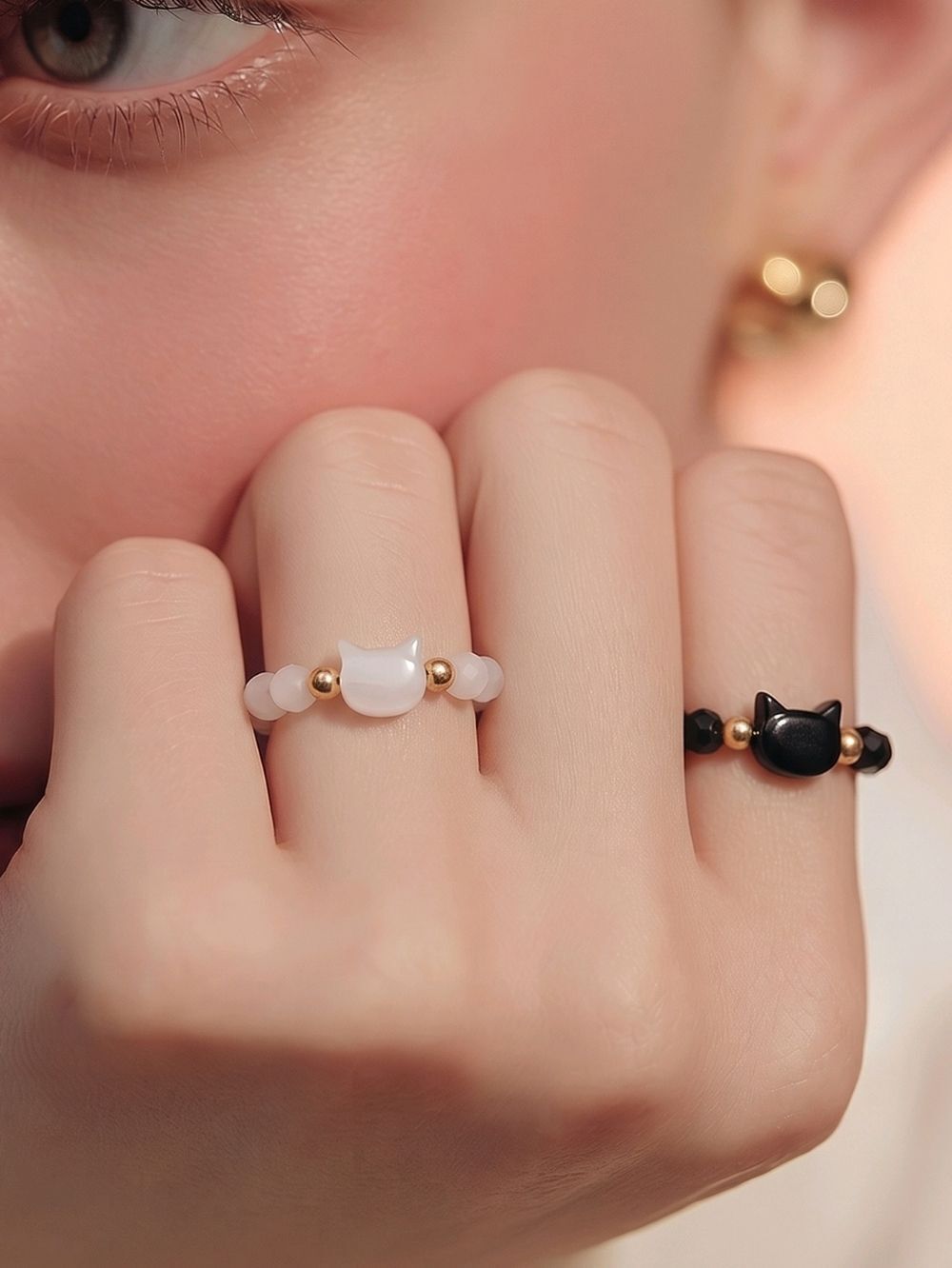 Cat Beaded Stretch Rings – 2 Piece Set Black & White Stacking Adjustable Jewelry